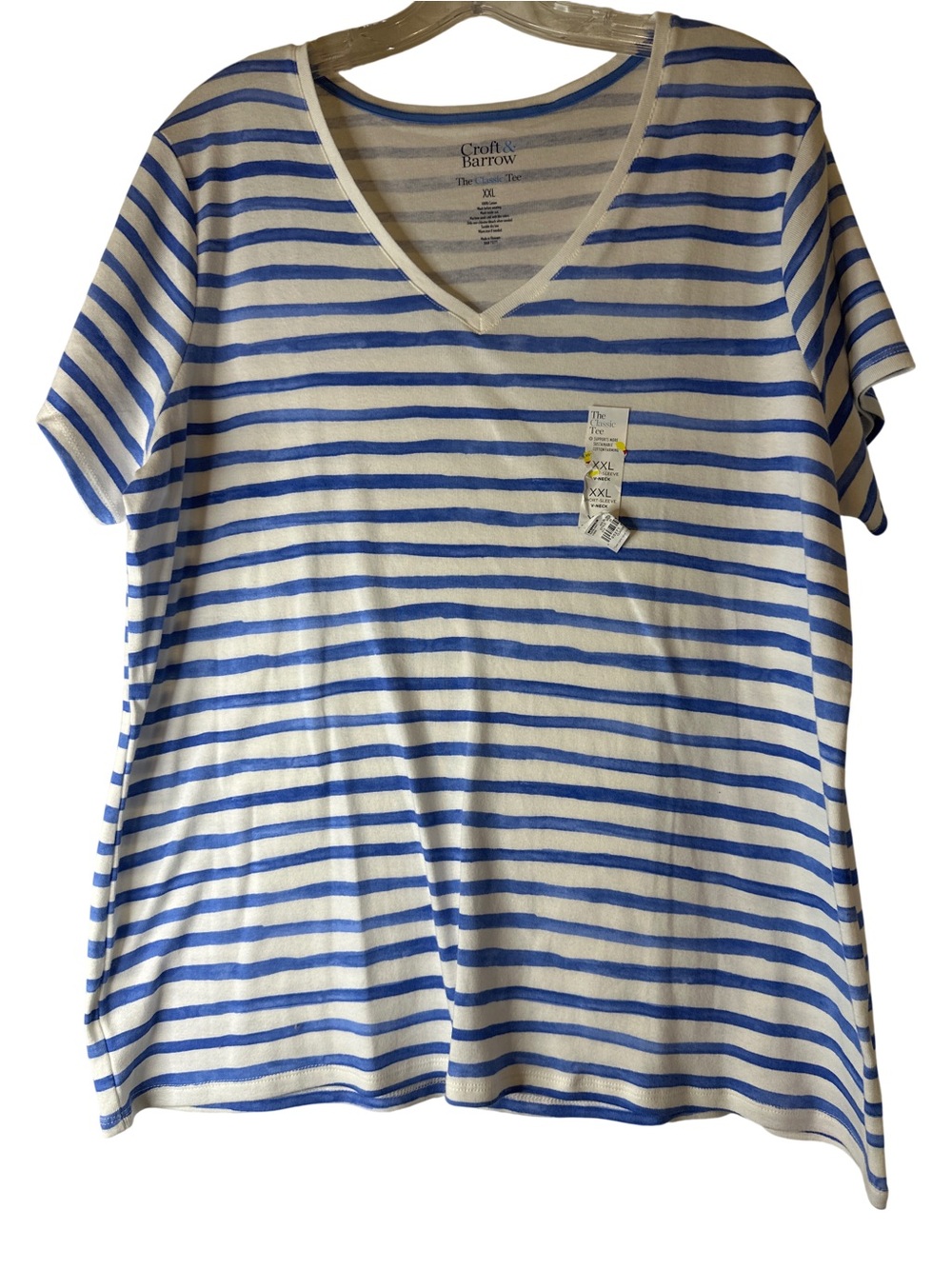 Croft & Barrow White and Blue Striped V-Neck Tee, size XXL NWT